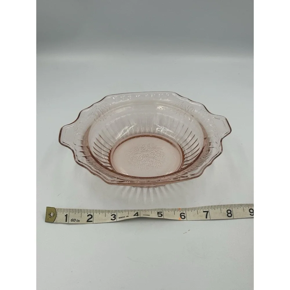 Pink Glass Floral Round Serving Bowl w/ Handles Scalloped Rim 8.5 in